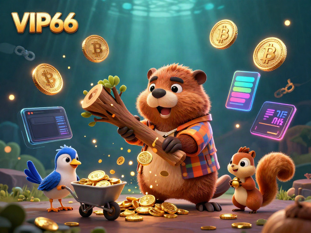 Experience the vibrant VIP66 casino world with a cartoon beaver and friends collecting gleaming rewards amidst thrumming digital elements.