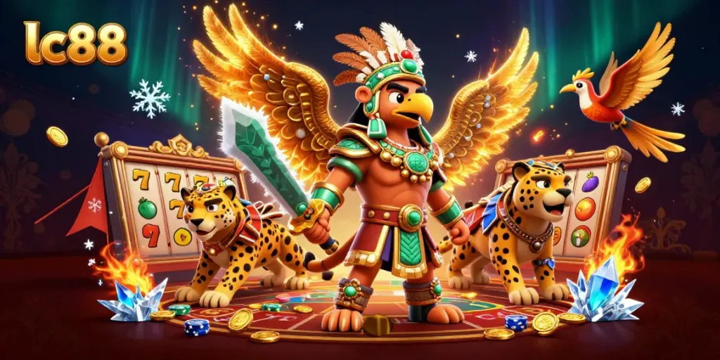 Experience the excitement of lc88 with a captivating online casino scene featuring warriors and vibrant game elements.