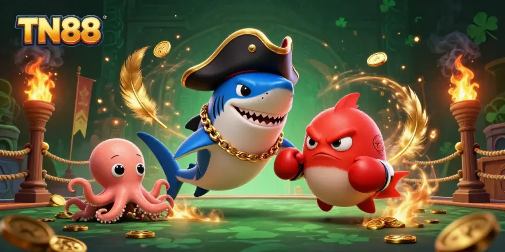 Engage with the thrilling world of TN88 as cartoon characters celebrate amidst dynamic casino elements.