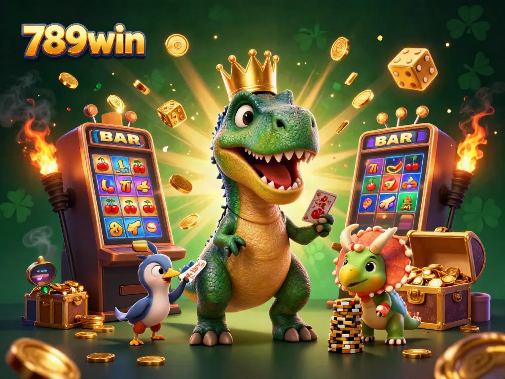 Experience the excitement of 789win with a fun T-Rex and friends enjoying casino games and jackpots.