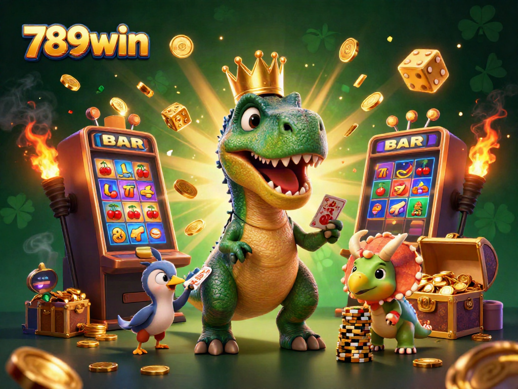 Experience the excitement of 789win with a fun T-Rex and friends enjoying casino games and jackpots.