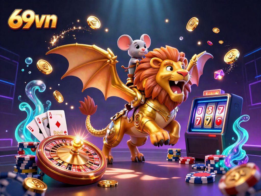 Experience thrilling gaming at 69vn with a roaring golden chimera, coins, and vibrant casino elements.