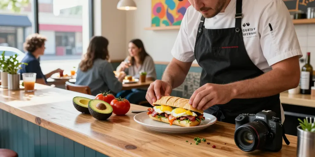 Best breakfast Austin: NYC-inspired breakfast sandwich being prepared with fresh ingredients in a vibrant café atmosphere.