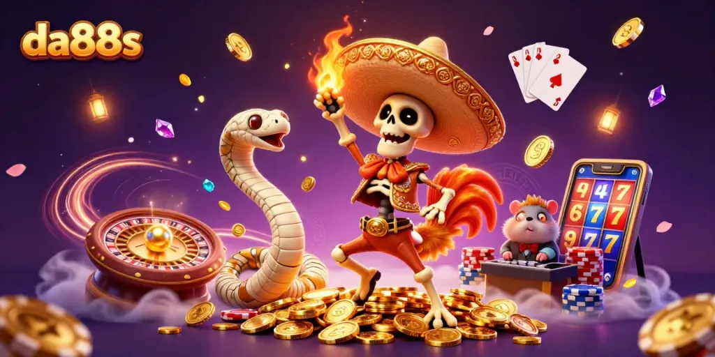 Experience the excitement of winning at da88s with a vibrant 3D casino scene featuring unique characters.