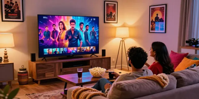 happy2hub couple watching Indian web series in cozy living room