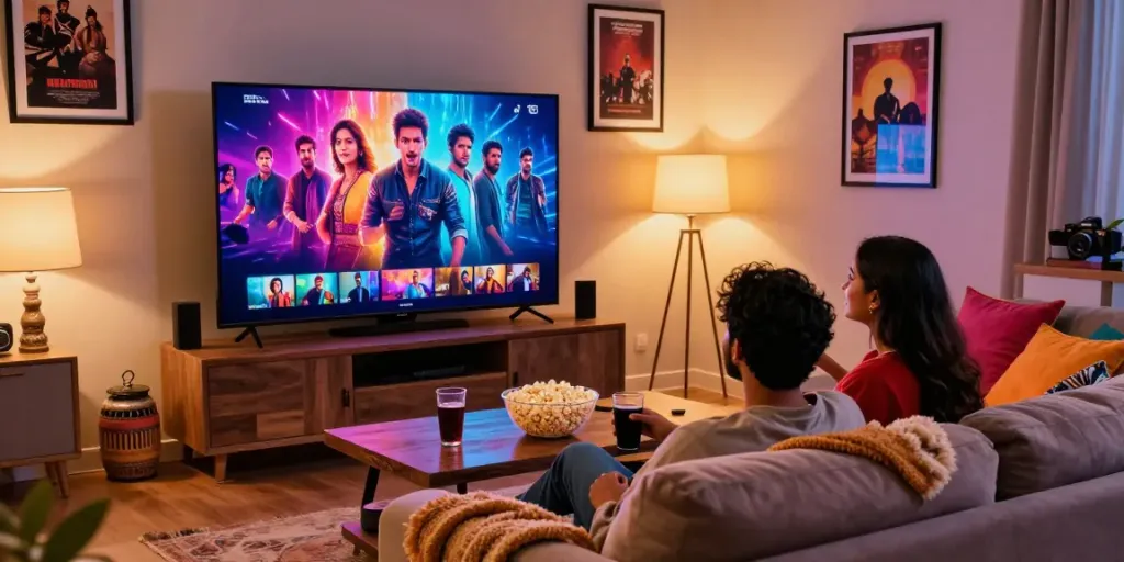 happy2hub couple watching Indian web series in cozy living room