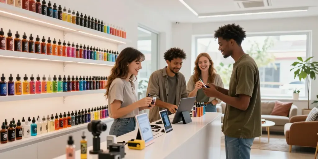 Friends exploring a vibrant selection of e-liquid vape juice in a modern vape shop.