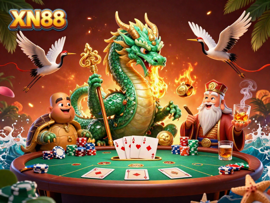 XNUMX players engaging in intense poker action at XN88's vibrant casino atmosphere.