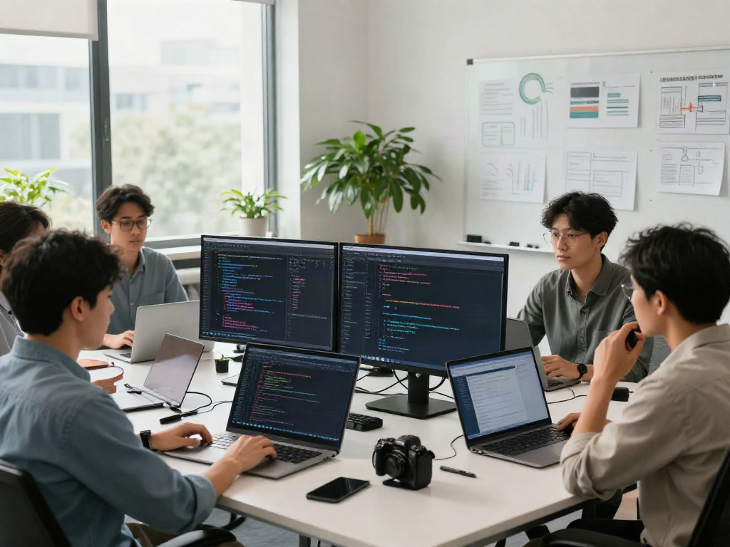 Look at this site in a lively tech workspace with developers collaborating on projects.