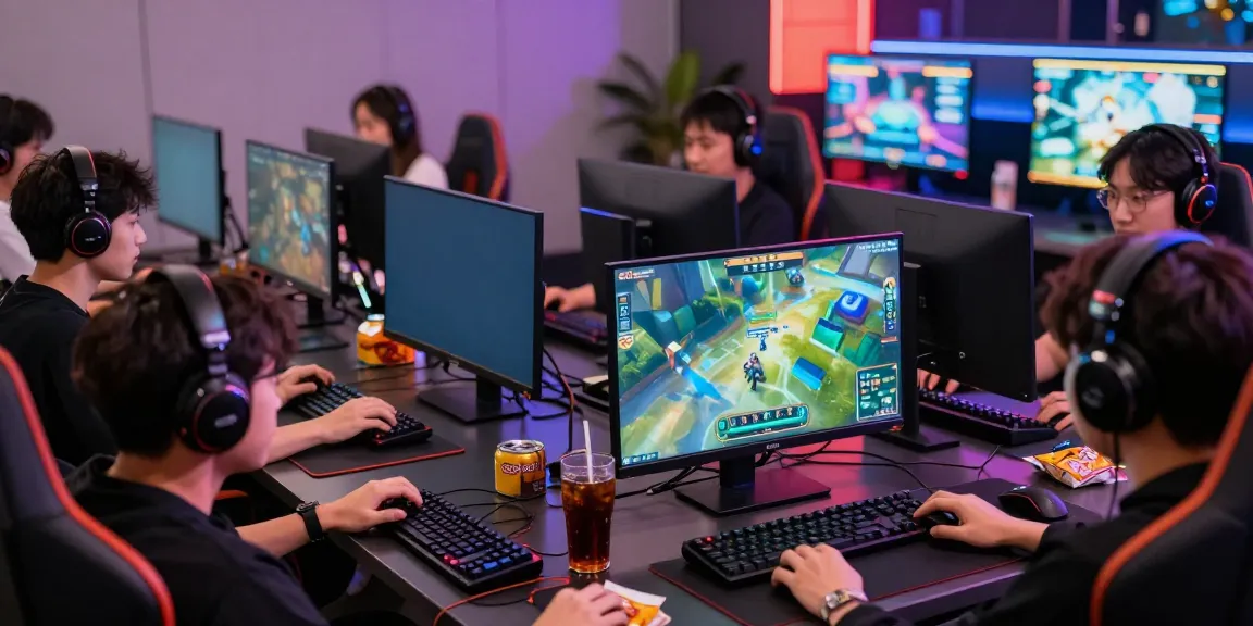 Diverse players engaged in intense game online competition in a vibrant gaming lounge.