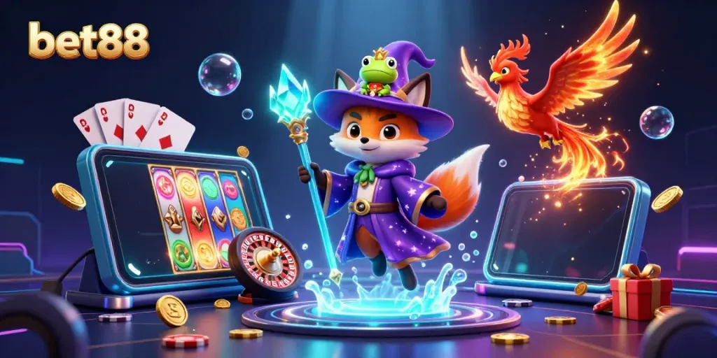 Experience exciting wins with bet88's vibrant 3D casino atmosphere featuring magical characters.