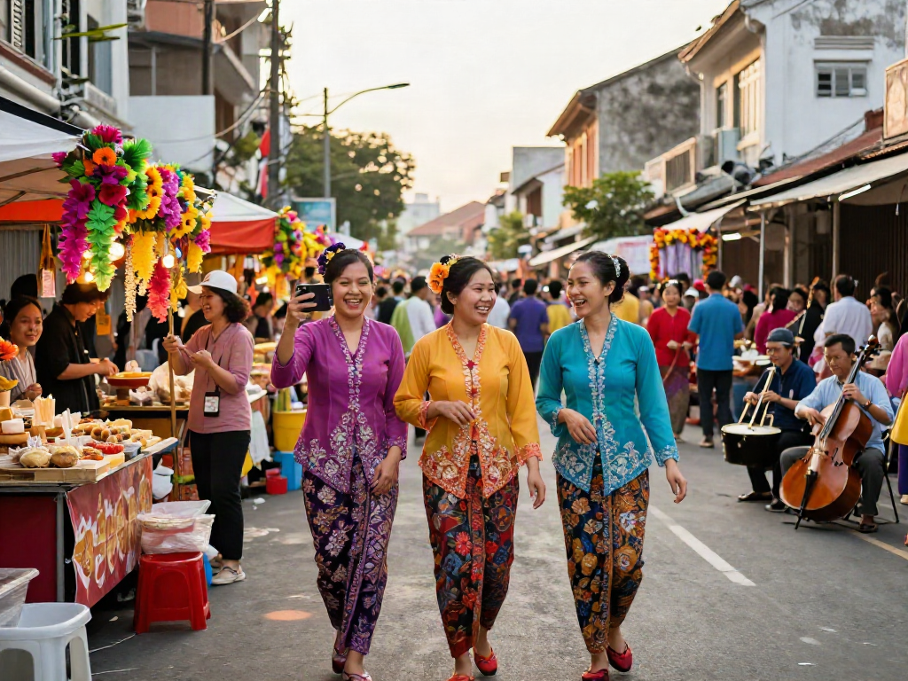 Nyonya 4D celebration with Peranakan women in vibrant dresses at street festival.