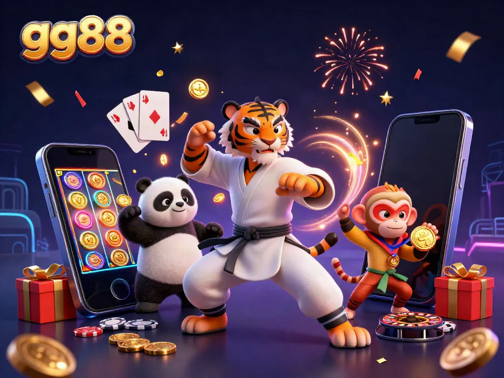 Experience thrilling action with gg88 in this ultra-detailed 3D casino illustration featuring playful characters and vibrant gaming elements.