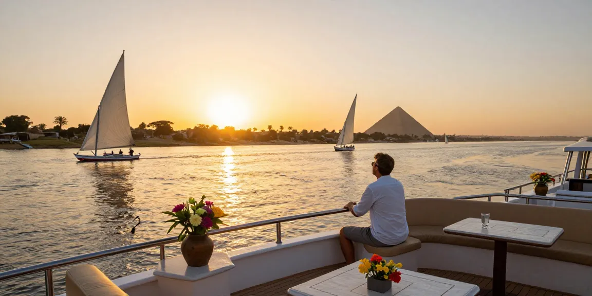 Nile River cruises sunset view with traveler enjoying the serene landscape from a boat deck.