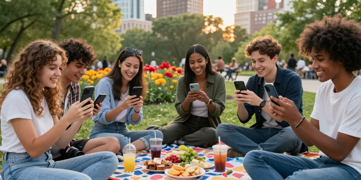 Group of friends enjoying a test of attractiveness outdoors in a vibrant city park, showcasing social interaction and fun