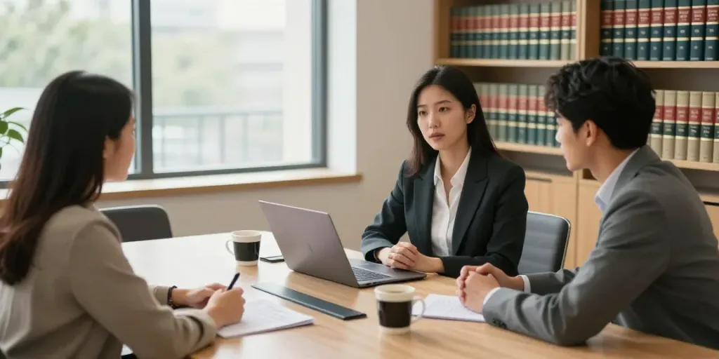 Find immigration lawyer in a welcoming office consultation with diverse clients and legal expert.