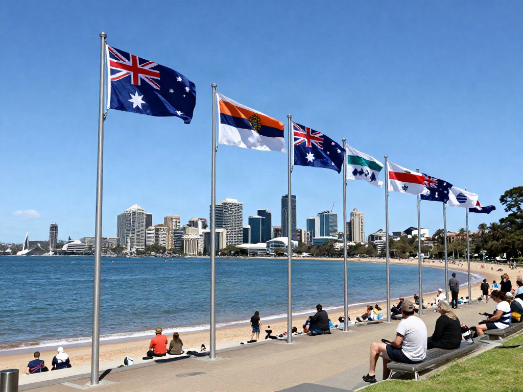 flagpoles australia showcasing premium aluminium flagpoles with Australian flags at a waterfront, bright sunny day, vibrant colors
