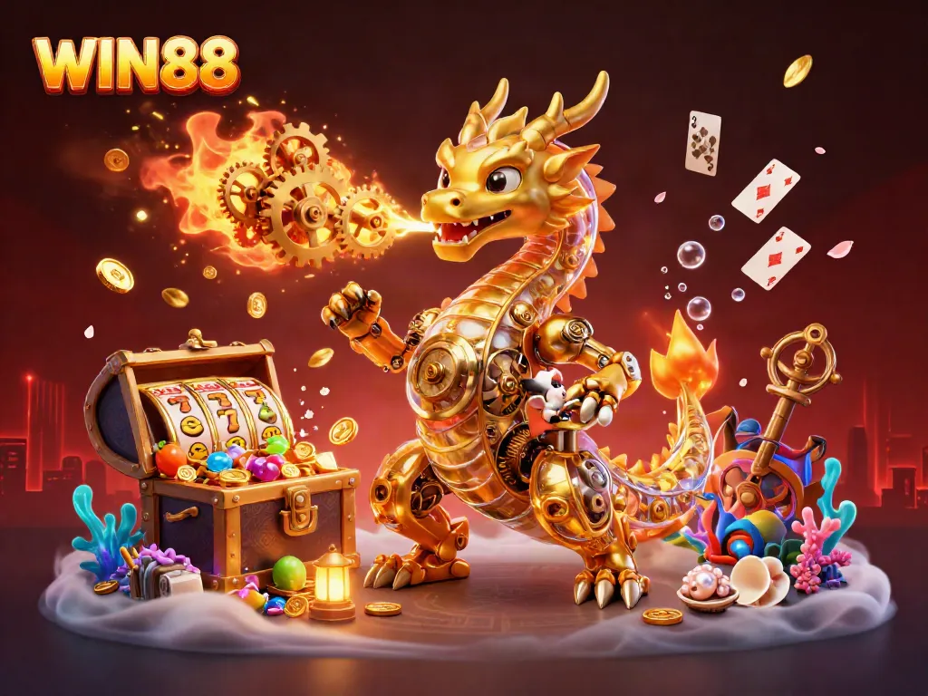 Experience the excitement of WIN88 with a golden dragon and slot game elements.
