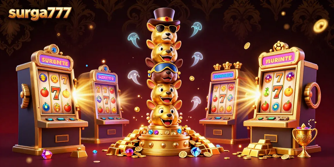 Experience the thrill of surga777 in a vibrant casino scene featuring a golden totem pole and lively slot machines.