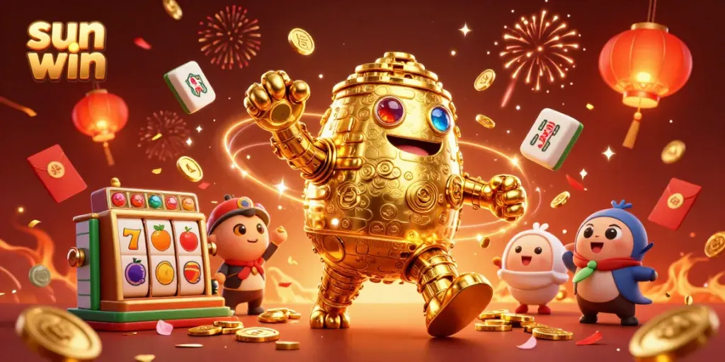 Engage in thrilling gaming experiences with sun win featuring a dynamic ancient golden golem and vibrant slot elements.